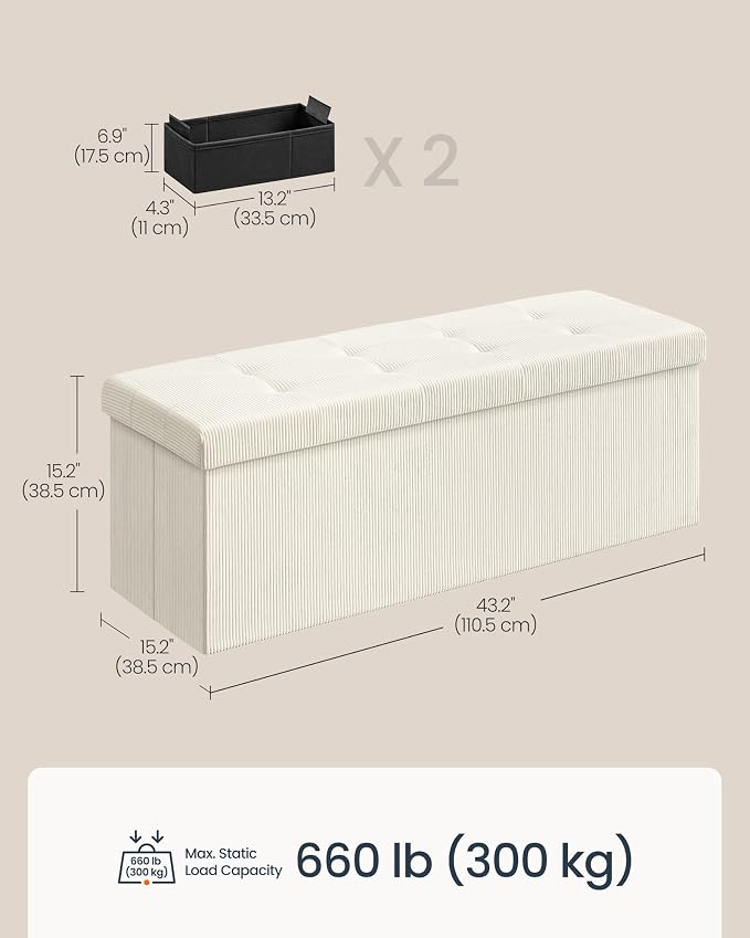SONGMICS Home Ottoman with Storage, Removable Lid, Folding Storage Chest, Easy Assembly, for Entryway, Bedroom, Living Room, 15.2 x 43.2 x 15.2 Inches, Corduroy, Light White