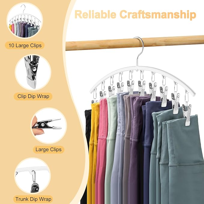 Legging Organizer for Closet, Metal Yoga Pants Hanger w/Rubber Coated 1 Pack w/10 Clips Hold 10 Leggings, Hangers Space Saving Hanging Closet Organizer for Closet Organizers and Storage-White