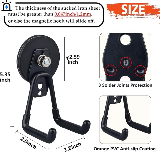 ULIBERMAGNET Large Magnetic Hooks,Strong Heavy Duty Magnet Hooks for Power Drill,Broom,Garden Tools,Pegboard,Garage,Workshop,Hardware, 2 Pack Magnet Storage Holder for Indoor Outdoor Hanging(Black)