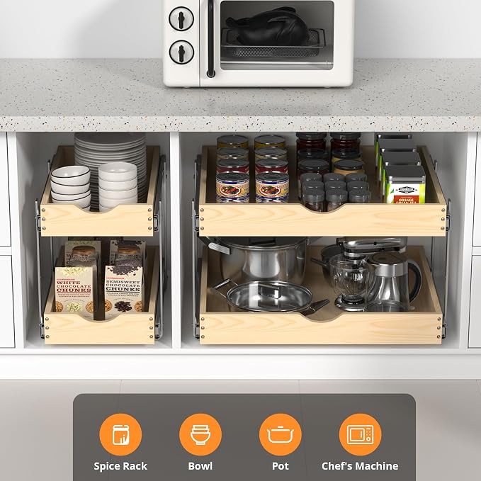 21" Deep 2-Tier Pull Out Cabinet Organizer - Wood Pull Out Drawers | Slide Out Shelves, Full-Extension, Ball-Bearing Slides, 3 Adjustable Heights (2-Tier, 20''W X 21''D Overall)