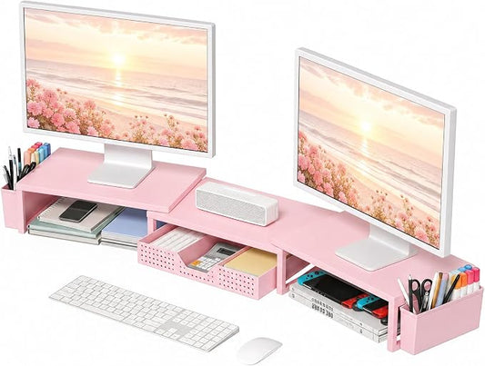 OPNICE Desk Organizers and Accessories, Dual Monitor Stand Riser with Drawer and 2 Pen Holders, Desk Shelf Computer Racks for Office Workspace Organizers, Desktop Organization (Peach-pink)