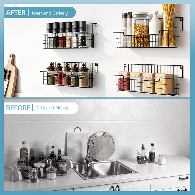 Spice Rack Wall Mount, Spice Organizer for Cabinet & Pantry Door, Set of 4 Hanging Spice Rack Saving Space for Kitchen, Black