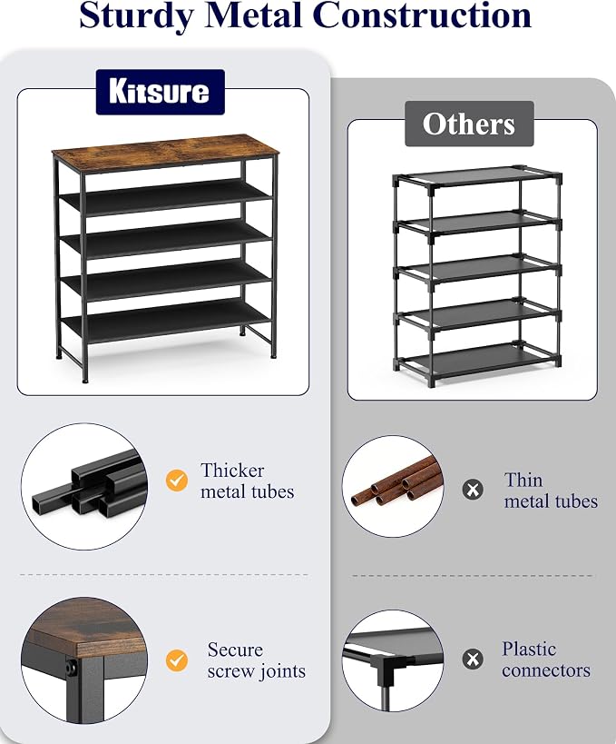 Kitsure 5-Tier Shoe Rack with Wooden Top, 29.5" x 11.4" x 31.1", Brown | Wooden Shoe Rack for Entryway, Closet, Metal Frame Shoe Storage for Closet, Space-Saving Shoe Rack Organizer with Table Top