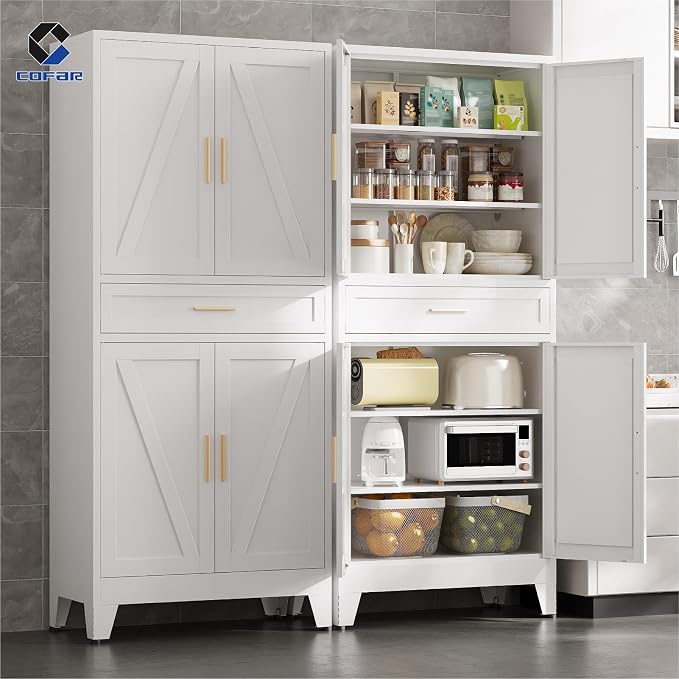 COFaR 71 in Tall Kitchen Pantry Cabinet with Drawer, Metal Pantry Storage Cabinet with 4 Adjustable Shelves and 4 Barn Doors, White Freestanding Farmhouse Food Cupboard for Dining Room