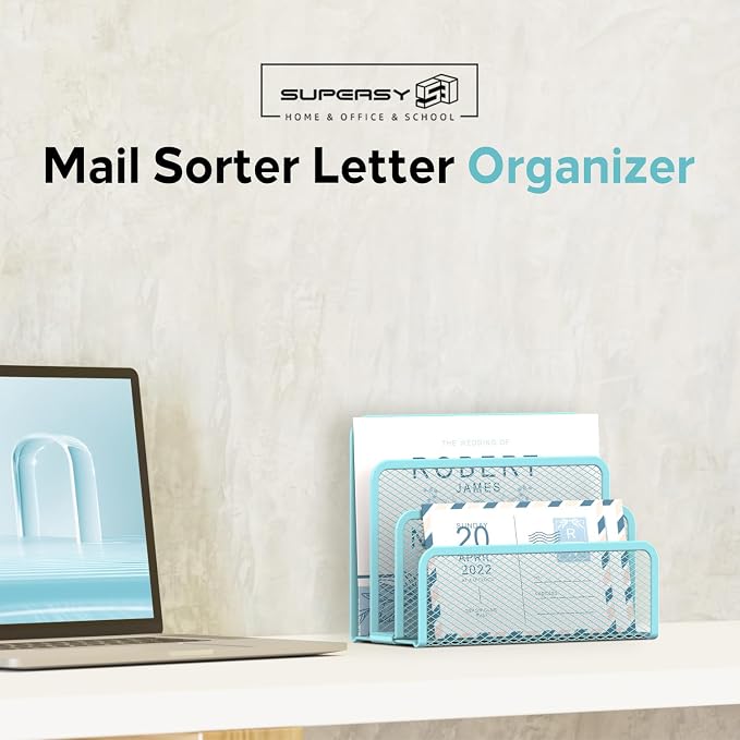 Mail Organizer Countertop for Desk, Mail File Holder with 3-Slot, Blue | Metal Mesh Mail Sorter for Letters, Envelopes, Bills, and Files for Home Offices, Classroom Organization