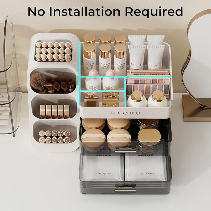 UFORU Makeup Organizer Countertop with Brush Holder for Vanity Bathroom | Large Capacity, Thickened Plastic, 2 Clear Drawers, Compact Size, Detachable Brush Holder, Divided Compartments, Easy Access