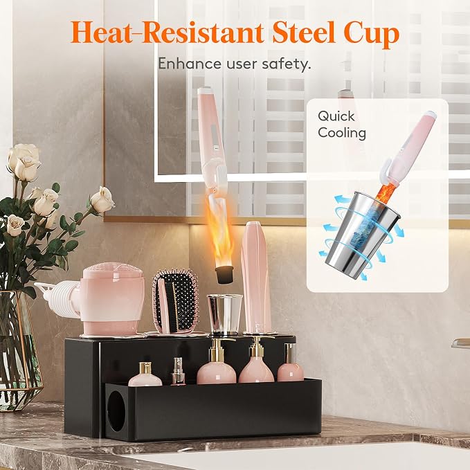 Lifewit Hair Tool Organizer Dryer Holder Countertop with 4 Cups, Black | 4 Stainless cups Tools Organizer, Acrylic body Hair Product Storage for Curling Iron, Brush, Straightener, Bathroom