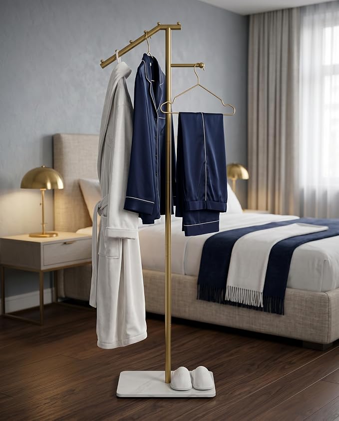 F-Shaped Metal Clothes Hanger, Modern Coat Rack with Rock Base, Gold Freestanding Coat Rack, Bottom with Sponge Pad,Suitable for Boutiques, Entryway, Living Room, Hallway, Bedroom,15.7" X 9.8" X 66.9"