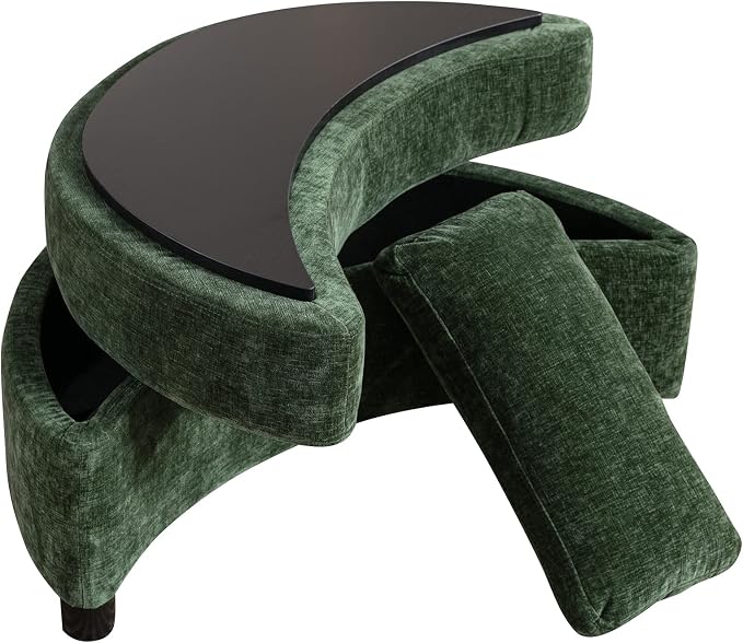 32.7" W Chenille Upholstered Half Crescent Moon Storage Bench Large Ottoman with Tray Serve As Side Table Soft Padded Seat Dressing Shoe Bench Foot Rest Green 32.7" L x 18.9" W x 17.3" H