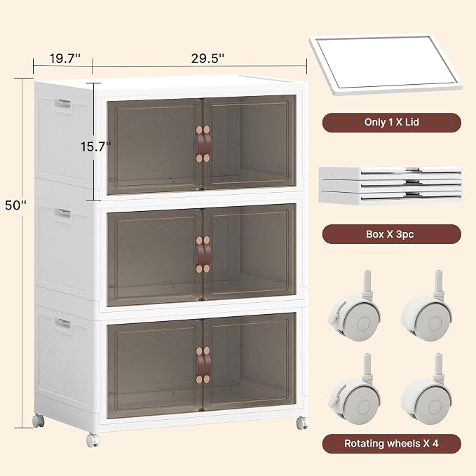 852QT Extra Large Stackable Storage Bins with Lids | & Wheels & Door, 213Gal Foldable Collapsible Closet Organizers, Plastic containers drawers for bedroom Dorm