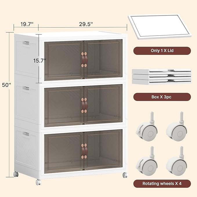 1016QT Extra Large Stackable Storage Bins with Lids & Wheels | & Door,Total 254Gal for 3-Tier set Foldable Collapsible Closet Organizers, Plastic containers drawers for bedroom Dorm