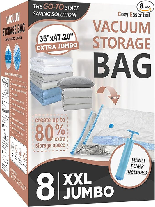 Cozy Essential Vacuum Storage Bags, 80% Compression Vacuum Seal Space Saver Plastic Packaging Bags for Clothes, Blankets, Pillow, Bedding, Comforters, Sealer Clothing Storage,8 XXL Jumbo