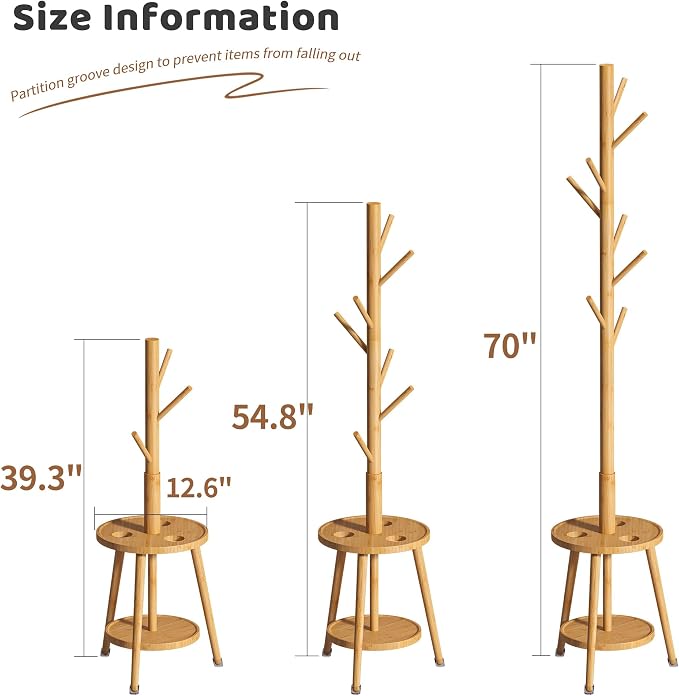 Freestanding Coat Rack with Umbrella Organizer Tray Bamboo Coat Tree Rack with 8 Hook Stand for Clothes Bag Hats Entryway Hanger Stand(Nature)