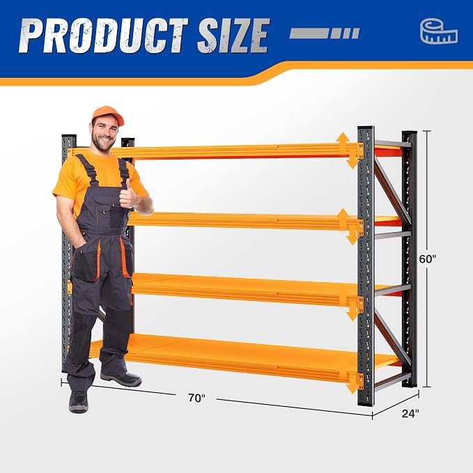 BYNSOE 60" W Storage Shelves 5000lbs Garage Metal Shelving Heavy Duty Garage Shelves Adjustable Storage Shelves for Industrial, Factory, (Black Orange, 60" W X 24" D X 70" H)