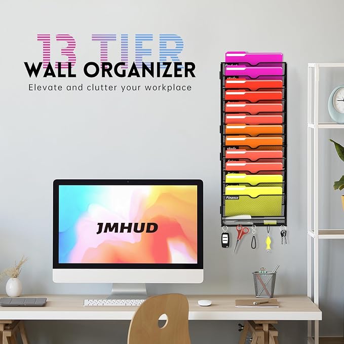 13-Tier Wall File Organizer with Base and Hooks, Hanging Organizer, Black | Wall Organizer and Wall File Holder with 13 Vertical Pockets and Bottom Tray for Files, Mail, Folders, Magazines and Paper