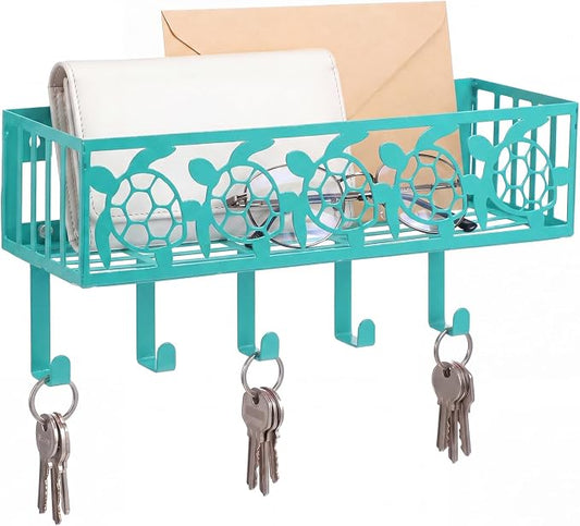 Hicarer Turquoise Sea Turtle Key Holder Wall Mount with Basket Hooks Decorative Sea Turtle Hooks Hanger Coastal Key and Mail Organizer Ocean Beach Decor for Entryway Home Apartment Dormitory