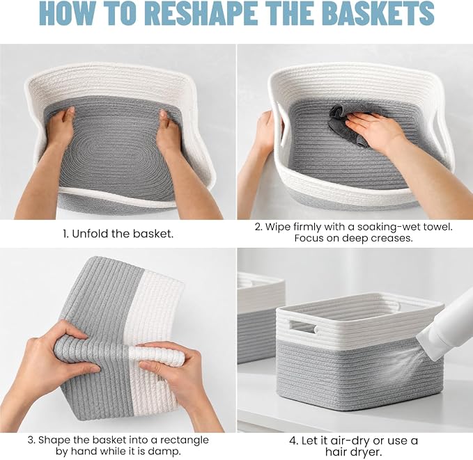 5 Pack Woven Storage Baskets for Shelves, Decorative Basket Closet Organizer Storage Bins for Clothes, Books, Pantry, Bathroom – Cotton Rope Shelf Baskets for Organizing and Decor, Gray & White
