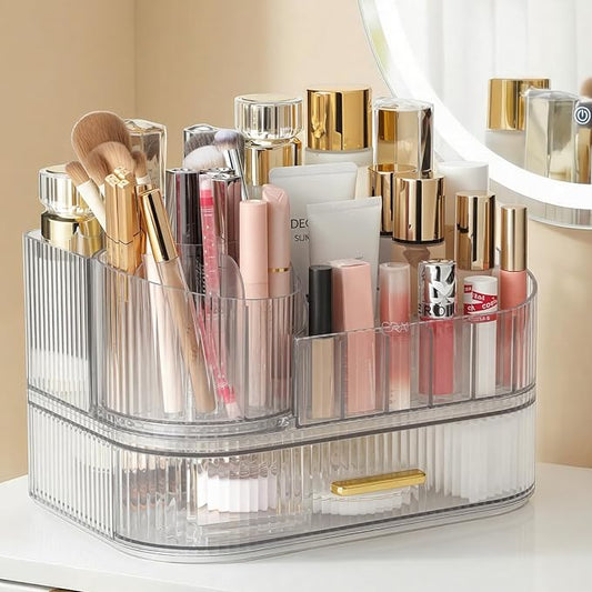 Delamu Rotating Makeup Organizer countertop, Brush Holder for Vanity, Clear | Stackable Drawer Makeup Storage for Skincare, Lipstick, Brushes & Perfume, Fits Dresser & Bathroom Countertop, Gift for Women