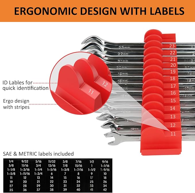 52 Pcs Modular Wrench Organizer for Tool Drawer with Metric & SAE Labels | Custom-fit Tool Drawer Modular Organizer for Garage & Workshop, 6-42mm/SAE Wrench Holder for Easy Grab, Gift for Mechanic