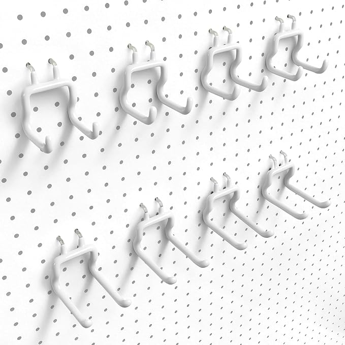 Pegboard Hooks, 8 Pack Peg Board Tool Utility Hooks & Hangers (White) | 1/4" Pegboard Accessories Organizers, Heavy Duty Peg Board Big Tool Hooks, Shelving Hangers for Craft Garage Workbench Office