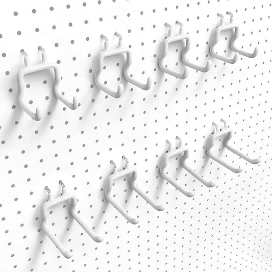 Pegboard Hooks, 8 Pack Peg Board Tool Utility Hooks & Hangers (White) | 1/4" Pegboard Accessories Organizers, Heavy Duty Peg Board Big Tool Hooks, Shelving Hangers for Craft Garage Workbench Office