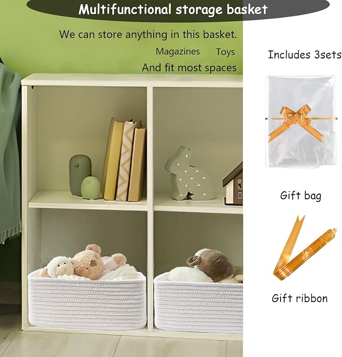 COMFY HOMI 11.5"x7.5"x4.7" Storage Baskets for Organizing | Cotton Rope Woven Basket | Toy Storage Bin Box | Basket for Shelves, Closet Organizer Bin, Decorative Closet Shelf, 3 Pack,