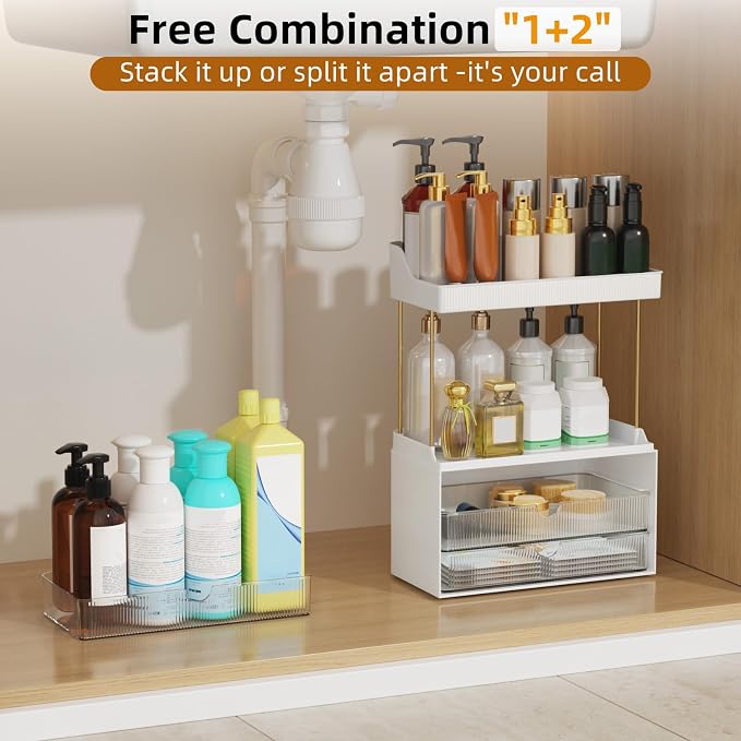 StorBin Arcylic 5-Tier Makeup & Skincare Organizer for Vanity, Bath, 2 Sets | Smooth 3 drawers, clear body, gold frame, non-slip, for perfumes, serums, face masks, palettes, vanity & bath counter,Clear