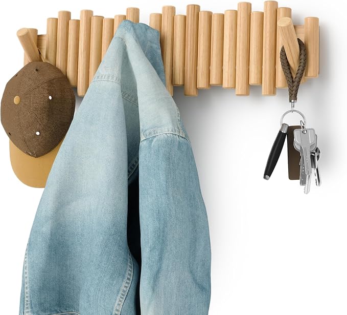 Umbra Picket Coat Rack with 8 Hooks – Natural Wall-Mounted Coat Rack with Flip-Down Wooden Hooks, Real Pine Wood Decorative Wall Storage for Jackets, Hats, Scarves, Bags, Entryway, Bedroom Living Room