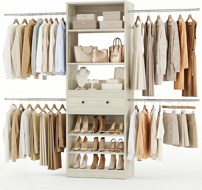 Wood Closet Organizer System - 4FT-9FT Expandable Wardrobe Closet with Drawer & 4 Hanging Rods, Heavy Duty Walk-in Closet 1000Lbs for Bedroom Walk-in Closet, White Oak