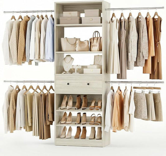 Wood Closet Organizer System - 4FT-9FT Expandable Wardrobe Closet with Drawer & 4 Hanging Rods, Heavy Duty Walk-in Closet 1000Lbs for Bedroom Walk-in Closet, White Oak