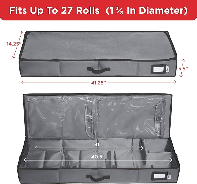 HOLDN’ STORAGE Premium Wrapping Paper Storage Container, Grey | Durable 600D Tear-Proof, Fits 27 Rolls Gift Wrap, Extra Pockets for Ribbons & Bows, Underbed Storage