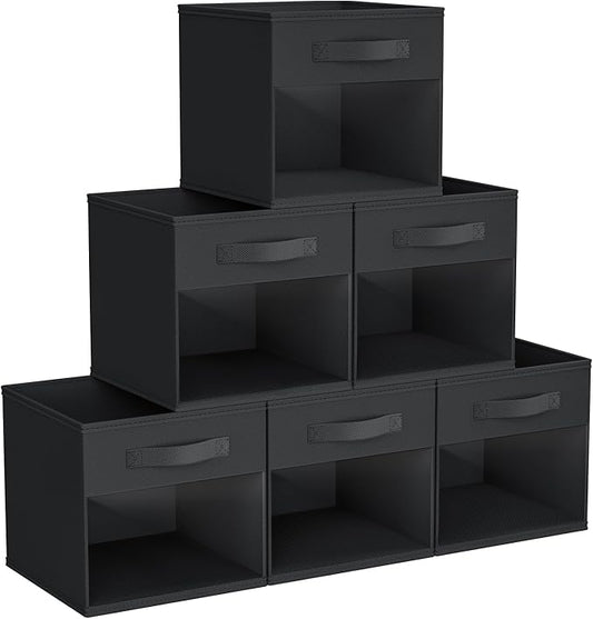 DIMJ Cube Bins, 6 Packs Fabric Storage Cubes with Clear Window, Storage Bins with Handles, Storage Baskets for Organizing Living Room, Bedroom, Office, Black