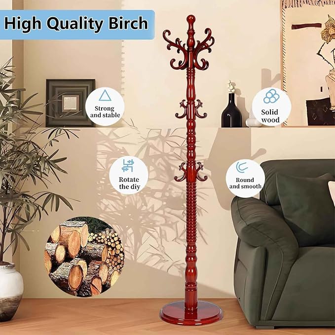 Coat Rack Freestanding, Wooden Coat Rack Stand with Sturdy Round Base, Vintage Coat Racks with 18 Hooks, Coat Hanger Stand for Entryway, Hallway,Bedroom (Reddish brown)