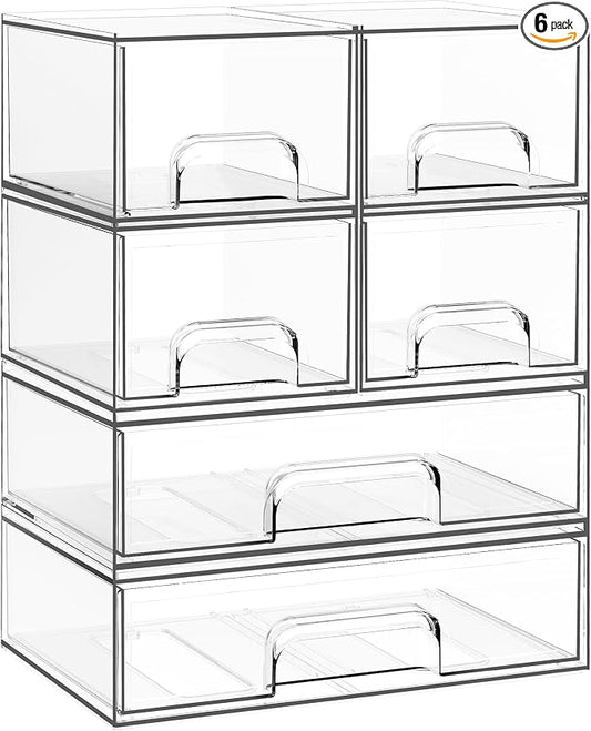 Stackable Storage Drawers, 6 Pack Clear Plastic Makeup & Bathroom Organizer, Versatile Storage Bins for Vanity, Under Sink, Kitchen Cabinets & Pantry