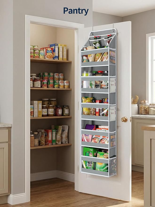 Yecaye 6 Tier Over the Door Organizer, Swing-proof Door Organizer Hanging with Clear PVC Windows, Behind the Door Storage for Bedroom Nursery Closet Laundry Pantry Bathroom, Warm Grey