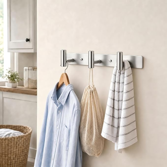 Wall Mounted Coat Rack-3 Hooks, Heavy Duty Stainless Steel Wall Hooks for Towel Coat Bag, Hat Rack Coat Hanger Coat Hooks Towel Racks for Bathroom Entryway Kitchen Office (Silver, 1 Pack)