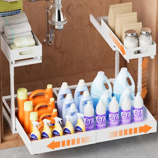 Upgrade 1 Pack Expandable Under Sink Organizer: 2-Tier Pull Out Cabinet with 3 Heavy-Duty Ball-Bearing Slide Rails, Tool-Free Height Adjustable, Slide-Out Drawers for Kitchen, Bathroom, Laundry