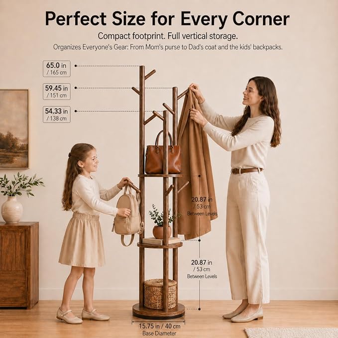 Solid Wood Rotating Coat Rack Freestanding, 360° Coat Tree with 3 Shelves & 9 Hooks, Heavy Duty Rubberwood Coat Hanger Stand, Hat Rack Hall Tree for Entryway Bedroom Office Hallway, Walnut