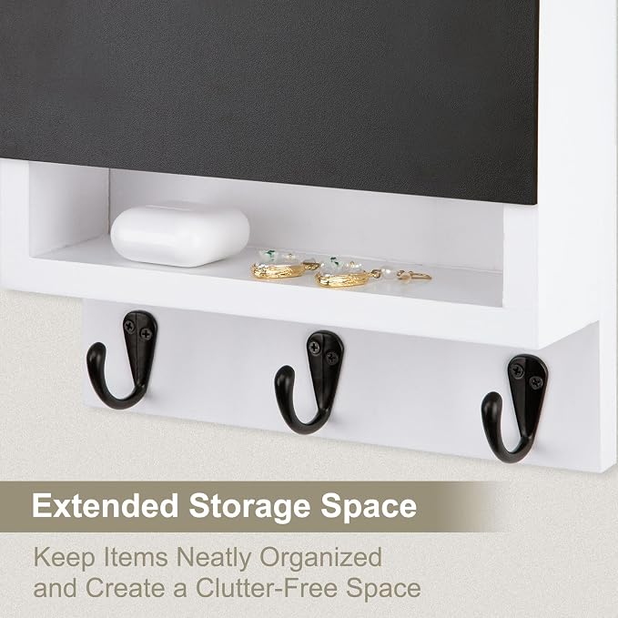 Key and Mail Holder for Wall, Key Holder with Chalkboard and Long Storage Box, Key Hanger with 3 Sturdy Hooks for Coat, Dog Leash, Entryway Mail Organizer (White)