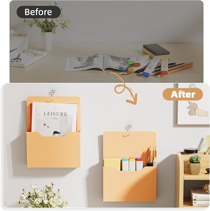 Marbrasse 2 Pack Magnetic File Holder - Paper Holder, Pocket Organizer,Hanging Wall File Organizer Office Supplies Storage, Magazine Mail Organizer Case for Notebooks,Planners,Letter (Orange)