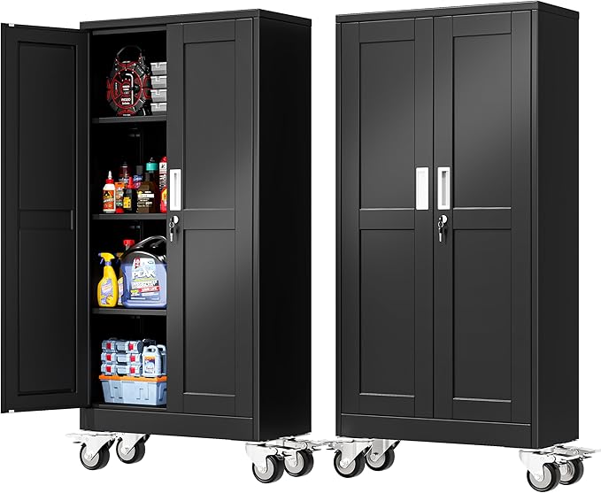PAOFIN 61''H Metal Garage Storage Cabinet with Wheels,Steel File Cabinets with 2 Doors and 3 Adjustable Shelves for Home Office, Warehouse, Required Assembly,Black