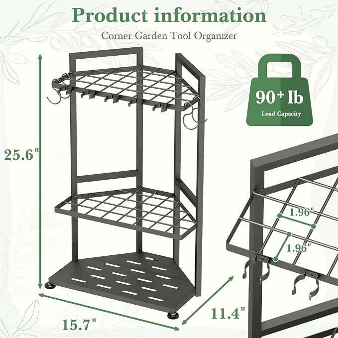 Faesun Garden Tool Organizer for Corner, 3-Tier Metal Yard Tool Rack, Holds 50+ Rakes/Shovels/Brooms,Heavy Duty Lawn Tool Storage for Garage Shed Outdoor Organization
