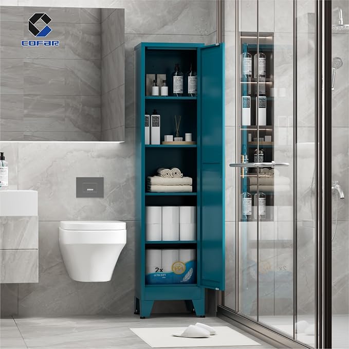 COFaR 67'' Tall Slim Bathroom Storage Cabinet, Metal Narrow Pantry Cabinet with 4 Adjustable Shelves and One Door, Skinny Cabinet Storage for Kitchen Laundry, Peacock Blue Farmhouse 5 Tiers