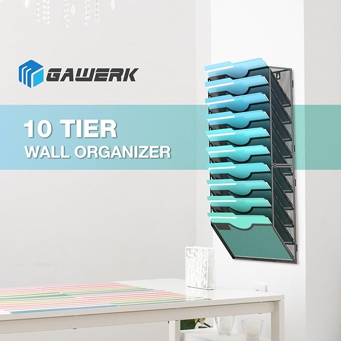 Gawerk 10-Tier Wall File Organizer Hanging Wall File Holder for Office | Wall Mount Paper Folder Organize, Mesh Magazine Document Mail Organizer Wall Organizer for Office School Home, Black