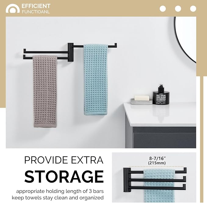 Angle Simple Kitchen Towel Rack, Swivel 3 Bars, Matte Black, 9.84" | SUS304 Stainless Steel Hand Towel Holder for Bathroom Laundry Wall, Foldable Arms Washcloth Hanger, Screws Mounted