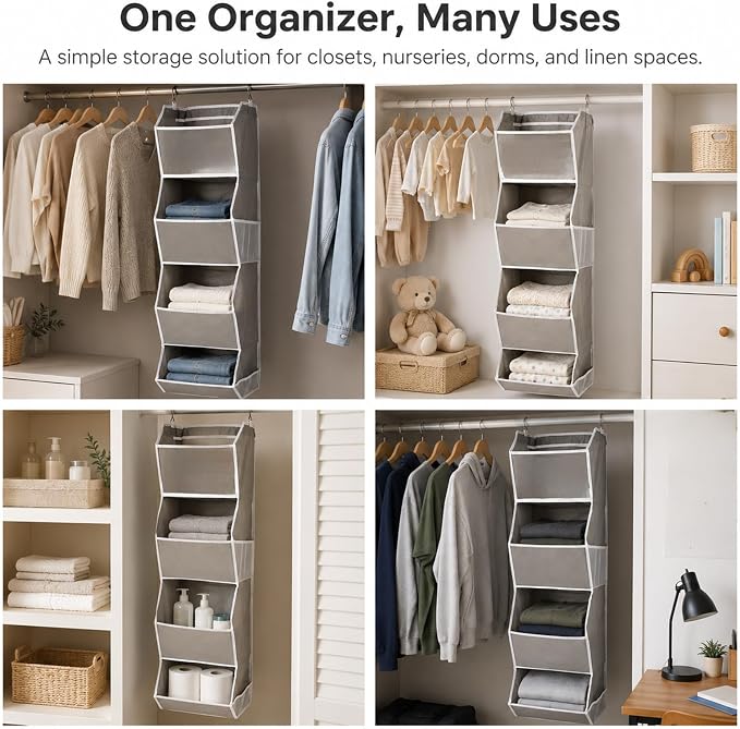 4-Shelf Hanging Closet Organizer and Storage, Fabric Storage Bins Bedroom Organization with Mesh Pockets, Collapsible Hanging Shelves Wardrobe Organization for Home, Dorm, Rv (Grey)