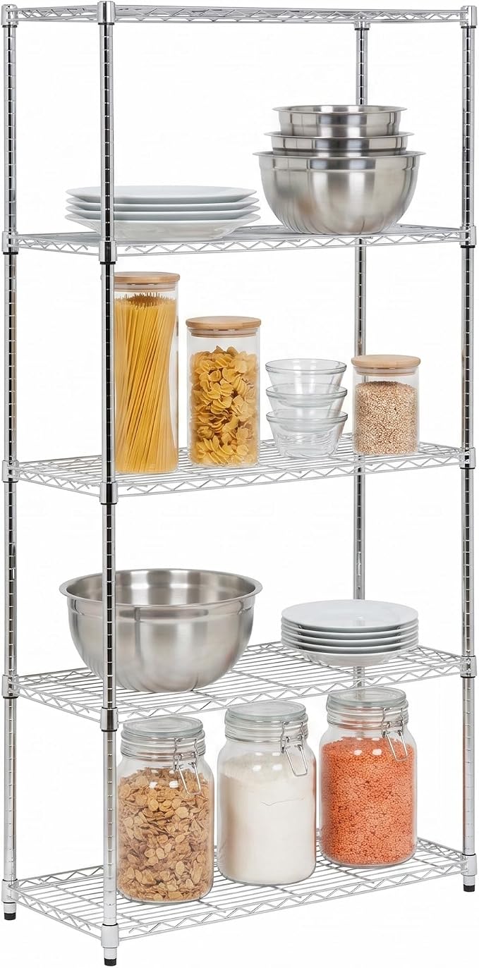 Honey-Can-Do 5-Tier Rolling Chrome Wire Shelf, NSF, 350 lb/Shelf, 36x18x72 | 1,750 lb total on locking casters; NSF-certified for commercial kitchens; add liners to keep small items from tipping
