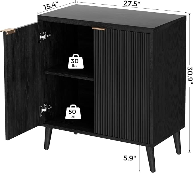 Homleke Fluted Buffet Cabinet with Storage, Modern Sideboard Cabinet | Double Doors, Adjustable Shelf, Accent Buffet Table for Kitchen, Dining Room, Living Room, Entryway & Hallway, Black