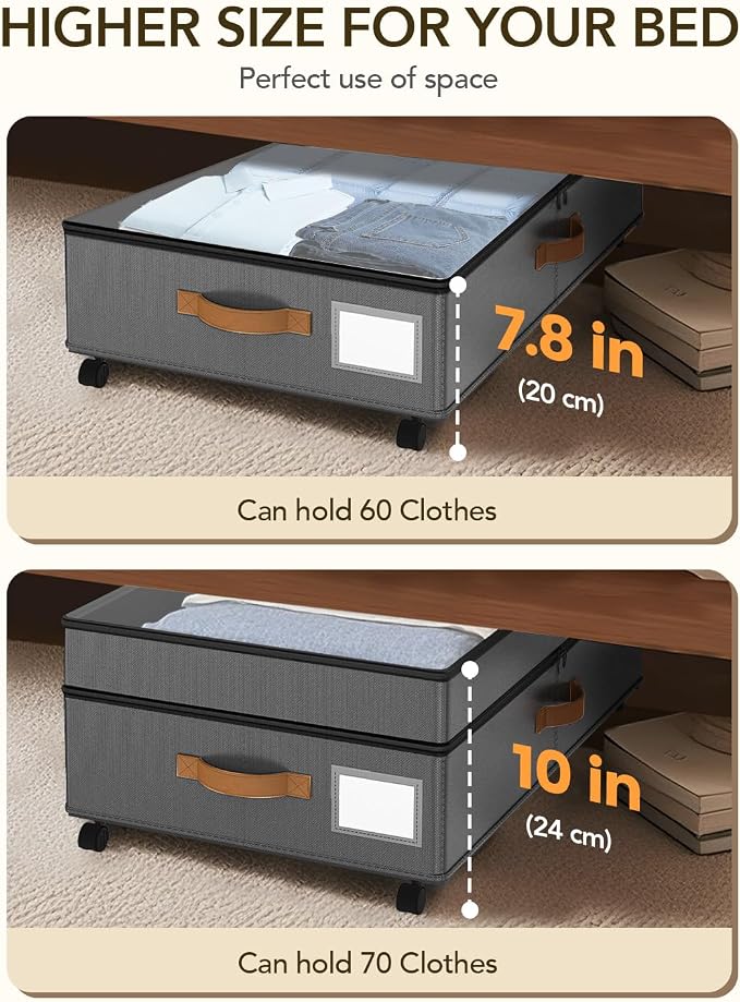 Under Bed Storage with Wheels, 10 inches Under Bed Storage Containers, 65L XXL Large Adjustable Underbed with Lids, Rolling Underbed Storage bins for Shoes, Clothes, Blankets, Grey