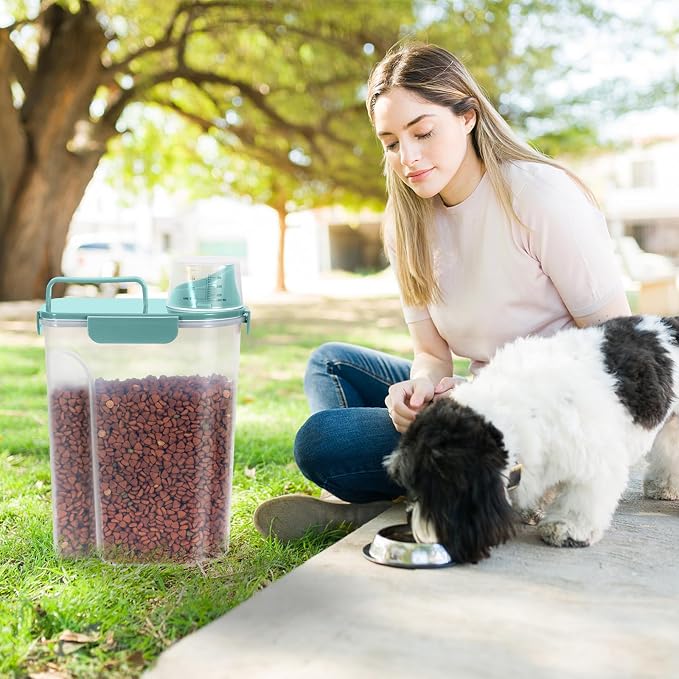 5-7 LBS Cat Dog Storage Container Portable with Upgraded Large Spout and Cup, Plastic Pet Food Dispenser for Small Animal Kibble, Bird Seed, Oatmeal, Rice, Flour, Brown Sugart-2 pack Elegant Blue